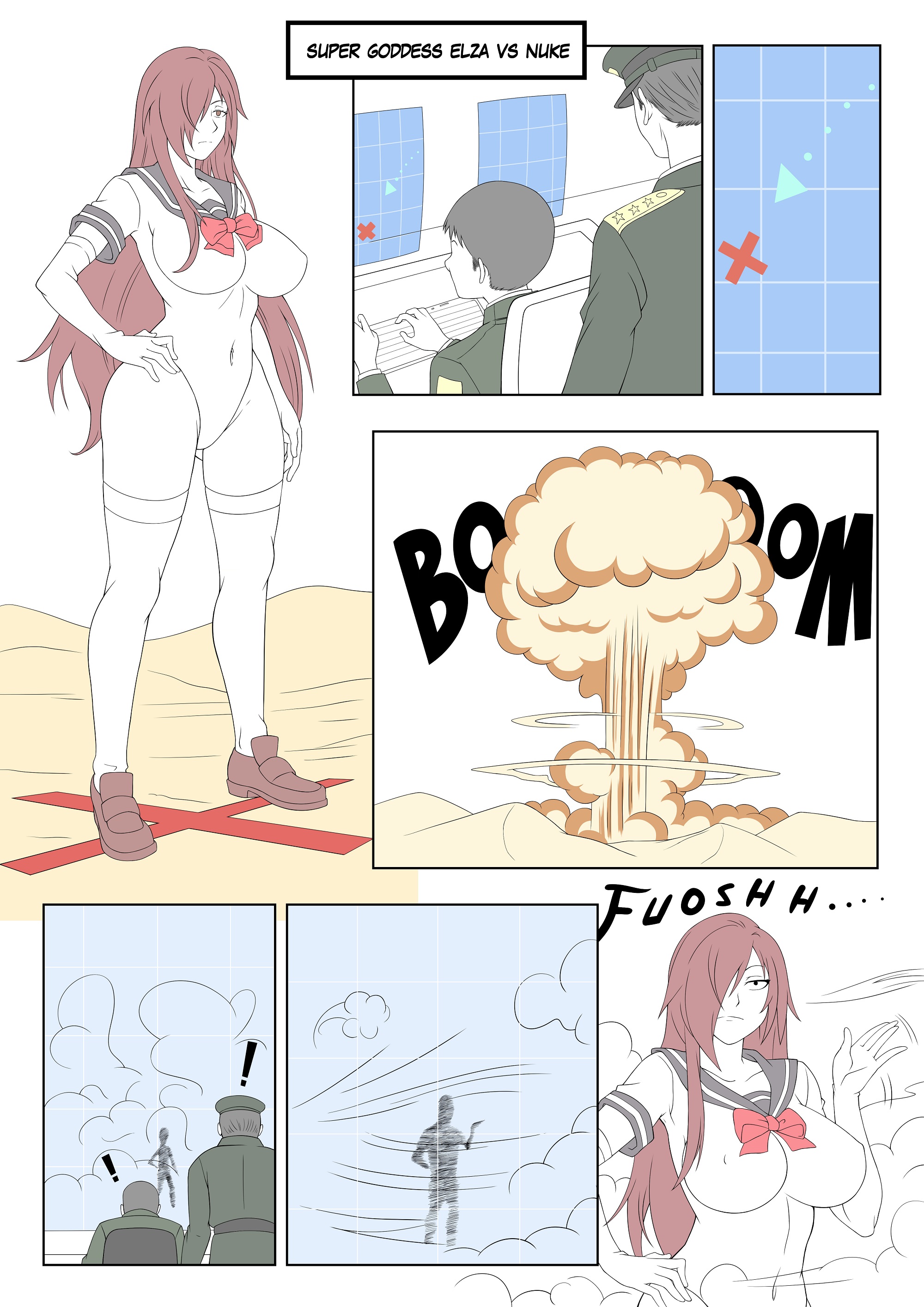 Elza Sabini stands atop a red X on the ground.  Military personnel from a secure bunker drop a nuke directly on top of her, producing a huge mushroom cloud... but a gesture of her hand sweeps the dust away, revealing she was unscathed.